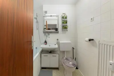 a small bathroom with a sink and a toilet at Cosy and Bright Apartment in Ljubljana