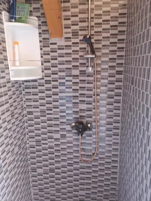a shower in a bathroom with black and white tiles at Počitniška prikolica Zeleni raj in Podnart