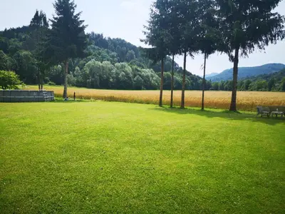 a park with a bench and trees in a field at Počitniška prikolica Zeleni raj in Podnart