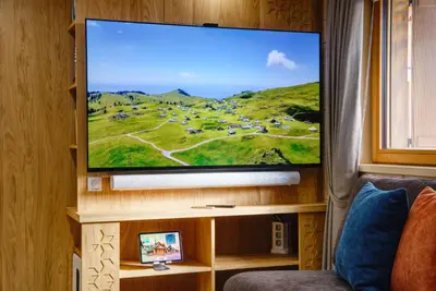 a flat screen tv on a wall in a room at Luxury Chalet & Sauna Kati - Velika Planina - I Feel Alps in Stahovica