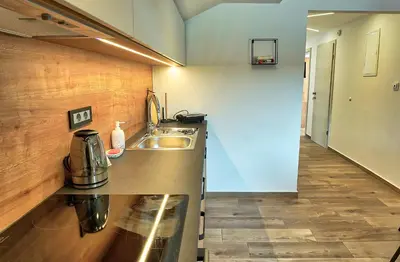 a small kitchen with a sink and a counter at Apartments Lipa Plac in Postojna