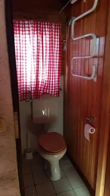 a bathroom with a toilet with a red curtain at Chalet Kujavnk in Kranj
