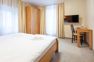 a hotel room with a bed and a table and a desk at Vila Sofia in Tržič
