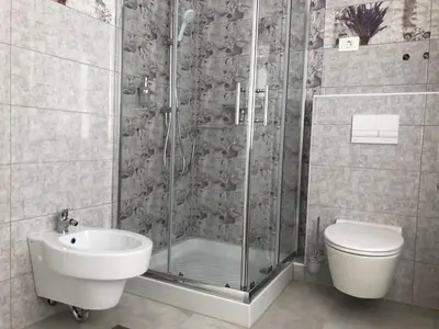a bathroom with a shower and a toilet and a sink at Lavender in Postojna