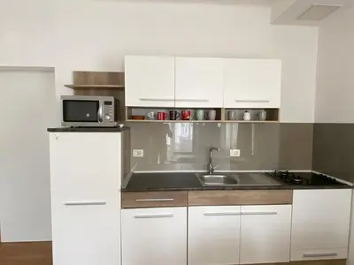 a kitchen with white cabinets and a sink and a microwave at Lavender in Postojna