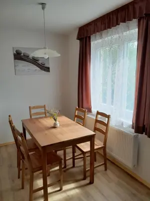 a wooden table and chairs in a room with a window at Apartments Field Flower in Radovljica