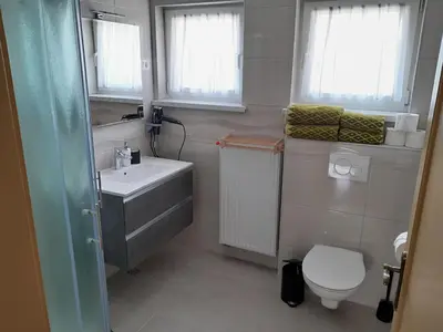 a small bathroom with a sink and a toilet at Apartments Field Flower in Radovljica
