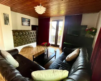 a living room with a leather couch and a television at Grand Cesar Bled in Bled
