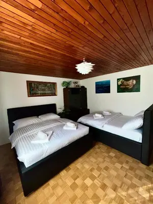 two beds in a room with a wooden ceiling at Grand Cesar Bled in Bled
