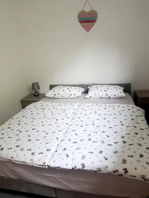 a bed with two pillows on top of it at Mediteran Apartments in Koper