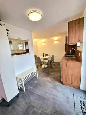 a room with a kitchen and a table with chairs at Mediteran Apartments in Koper