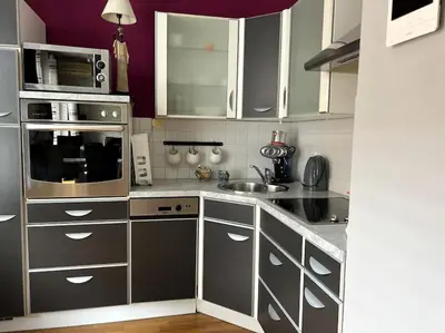 a kitchen with stainless steel appliances and white cabinets at Stylish Boutique Apartment in Ljubljana