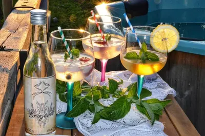 three wine glasses on a table with a bottle of wine at Johanca in Obrov