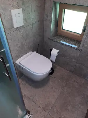 a bathroom with a toilet and a window at Hiša Ella in Žaga