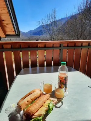 a table with a sandwich and two glasses of orange juice at Hiša Ella in Žaga