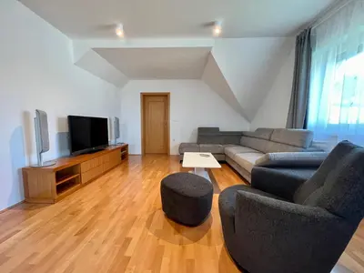 a living room with a couch and a tv at Apartment Šentjur center in Šentjur