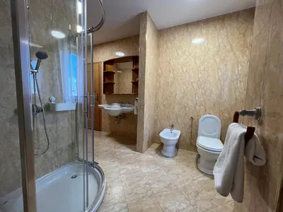 a bathroom with a shower and a toilet and a sink at Apartment Šentjur center in Šentjur