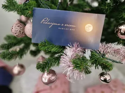 a christmas tree with a sign on it at Apartma in wellness Mesečina in Libeliče