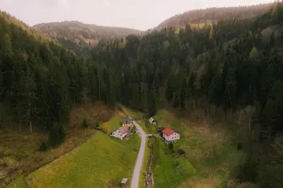 an aerial view of a house in the middle of a forest at Apartma in wellness Mesečina in Libeliče