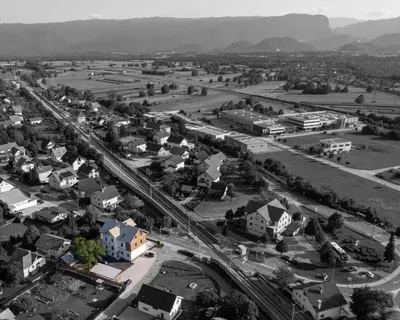 an aerial view of a small town with a road at Kalan Boutique Stay in Žirovnica