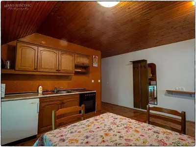 a kitchen with wooden cabinets and a table and a sink at Turistična kmetija Markun in Golnik