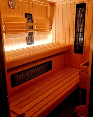 a sauna with a heater in a wooden cabin at Soba tete Tile - Hiša ob gozdu in Ptuj