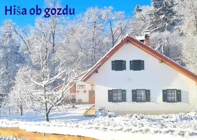 a white house with snow on the ground at Soba tete Tile - Hiša ob gozdu in Ptuj