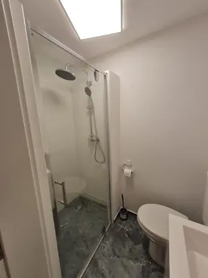 a bathroom with a shower and a toilet in it at Soba tete Tile - Hiša ob gozdu in Ptuj