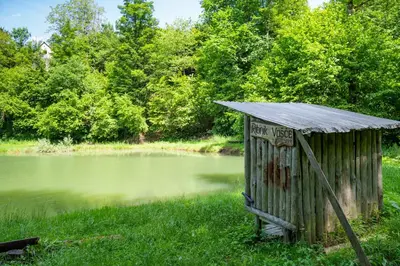 a small wooden out house next to a pond at Apartma Mimi in Radovljica