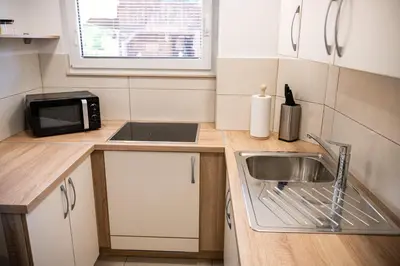 a small kitchen with a sink and a microwave at Apartma Mimi in Radovljica
