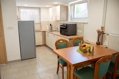 a kitchen with a table and chairs and a refrigerator at Apartma Mimi in Radovljica