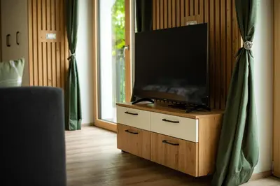 a flat screen tv on a dresser in a room at Zoya Bled Apartments in Bled