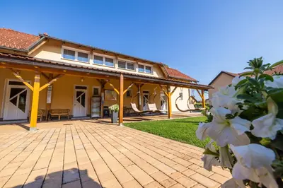 a house with a patio with white flowers at Apartments Galunder in Veržej