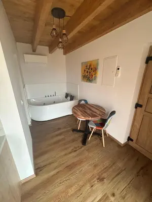 a small room with a table and a bath tub at Ana Apartment in Gradišča
