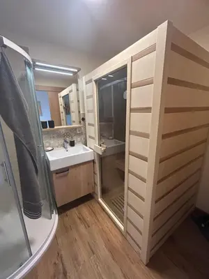 a bathroom with a shower and a sink and a mirror at Ana Apartment in Gradišča