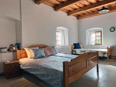 a bedroom with a bed and two beds at Vineyard cottage Kovačnica in Semič