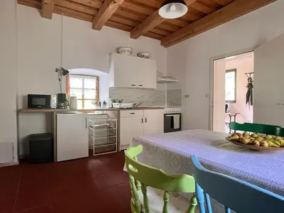 a kitchen with a table with a bowl of fruit on it at Vineyard cottage Kovačnica in Semič