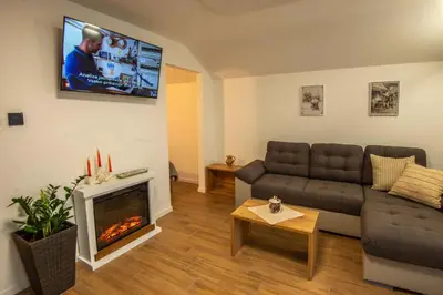 a living room with a couch and a fireplace at Cottage in Novo Mesto 50797 in Novo Mesto