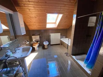 a bathroom with a sink and a toilet and a window at Počitniško stanovanje ZALAR in Mojstrana