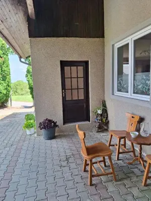 a patio with a table and chairs and a door at Apartma Grlica in Selnica ob Muri