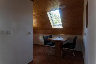 a room with a table and chairs and a window at Domačija Marinč in Kostel
