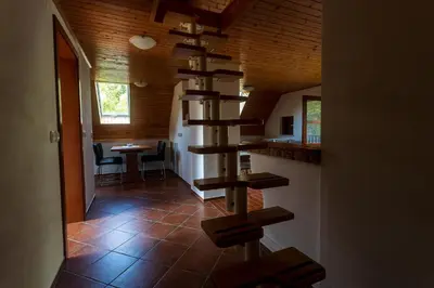 a wooden spiral staircase in a room with a table at Domačija Marinč in Kostel