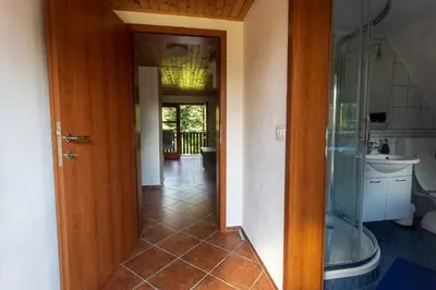 a hallway leading to a bathroom with a glass door at Domačija Marinč in Kostel
