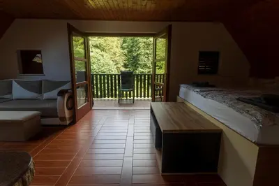 a bedroom with a bed and a view of a porch at Domačija Marinč in Kostel