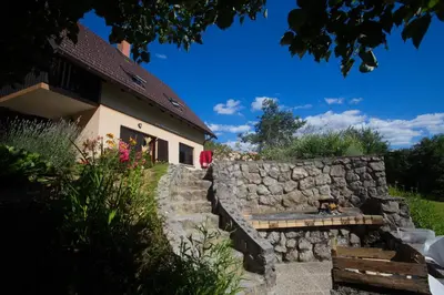 a dog sitting on a stone bench next to a building at Domačija Marinč in Kostel