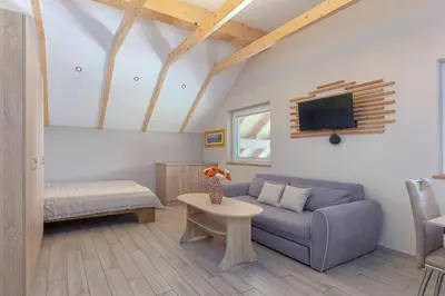 a living room with a couch and a tv at Resort pri Hrastu in Kamnik
