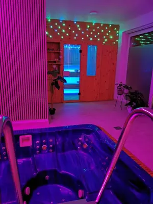 a room with a tub in a room with purple lighting at Resort pri Hrastu in Kamnik