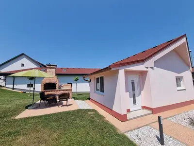 a small house with a picnic table and an umbrella at Apartma Anci in Prosenjakovci
