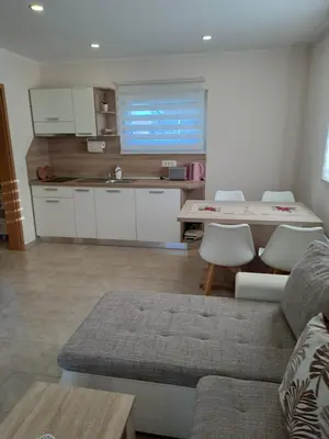 a living room with a couch and a kitchen at Apartma Anci in Prosenjakovci