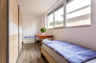 a bedroom with a bed and a window at Apartma Majdas in Loka pri Mengšu
